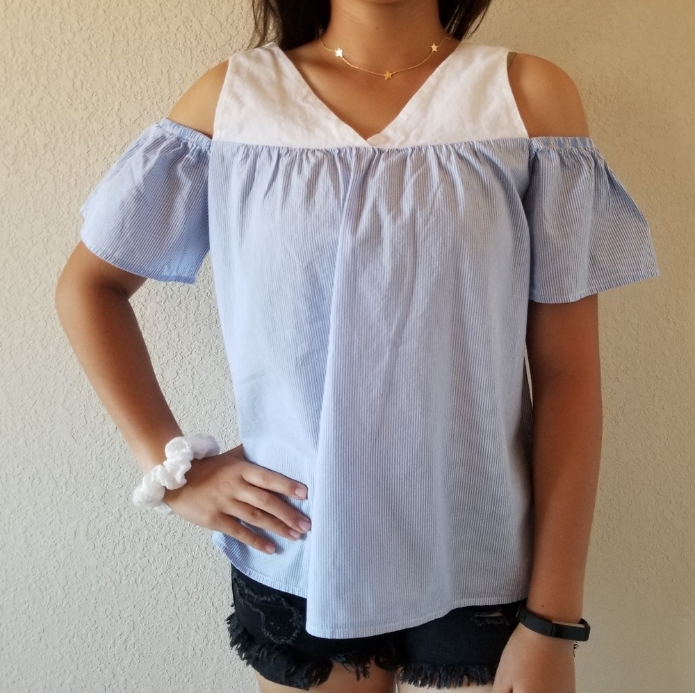 Blue Pinstriped Off-the-Shoulder Top